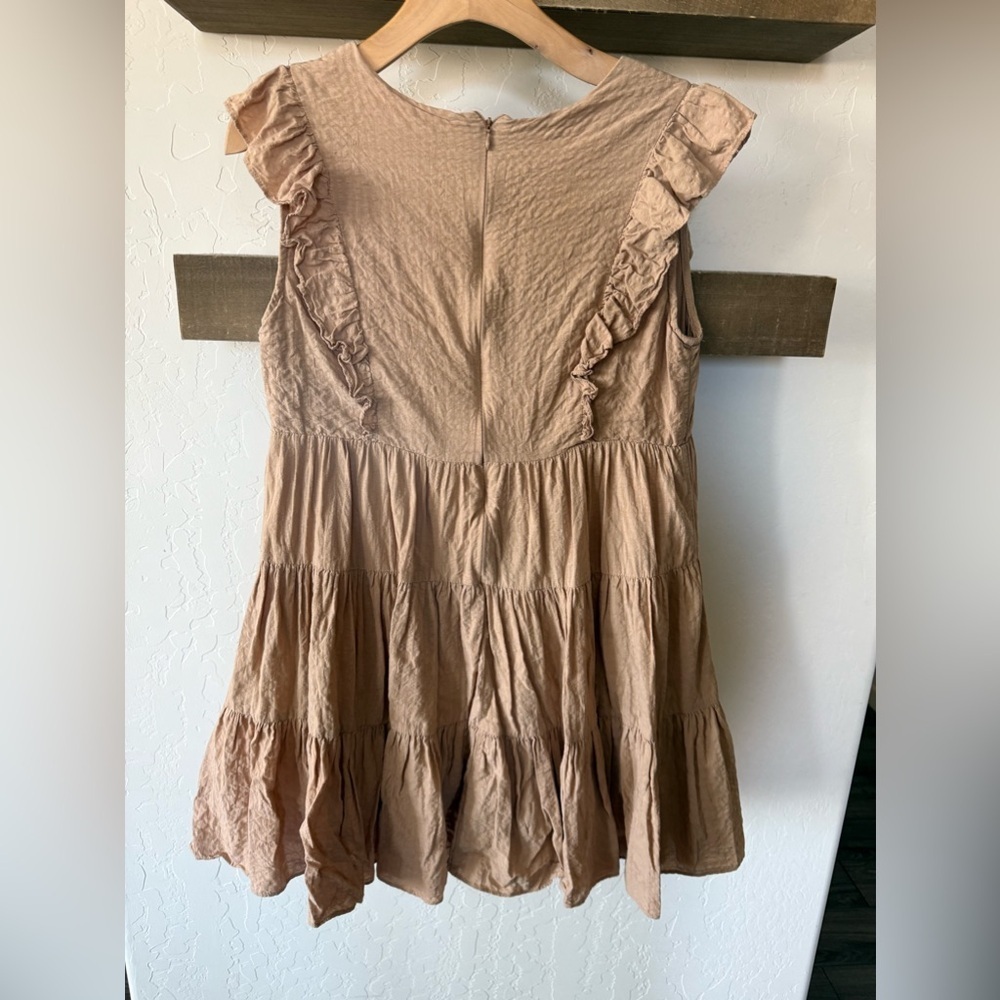 Millibon|Tan ruffled Sleeveless Tiered Dress in Brown/tan color,cottagecore boho - Picture 4 of 13